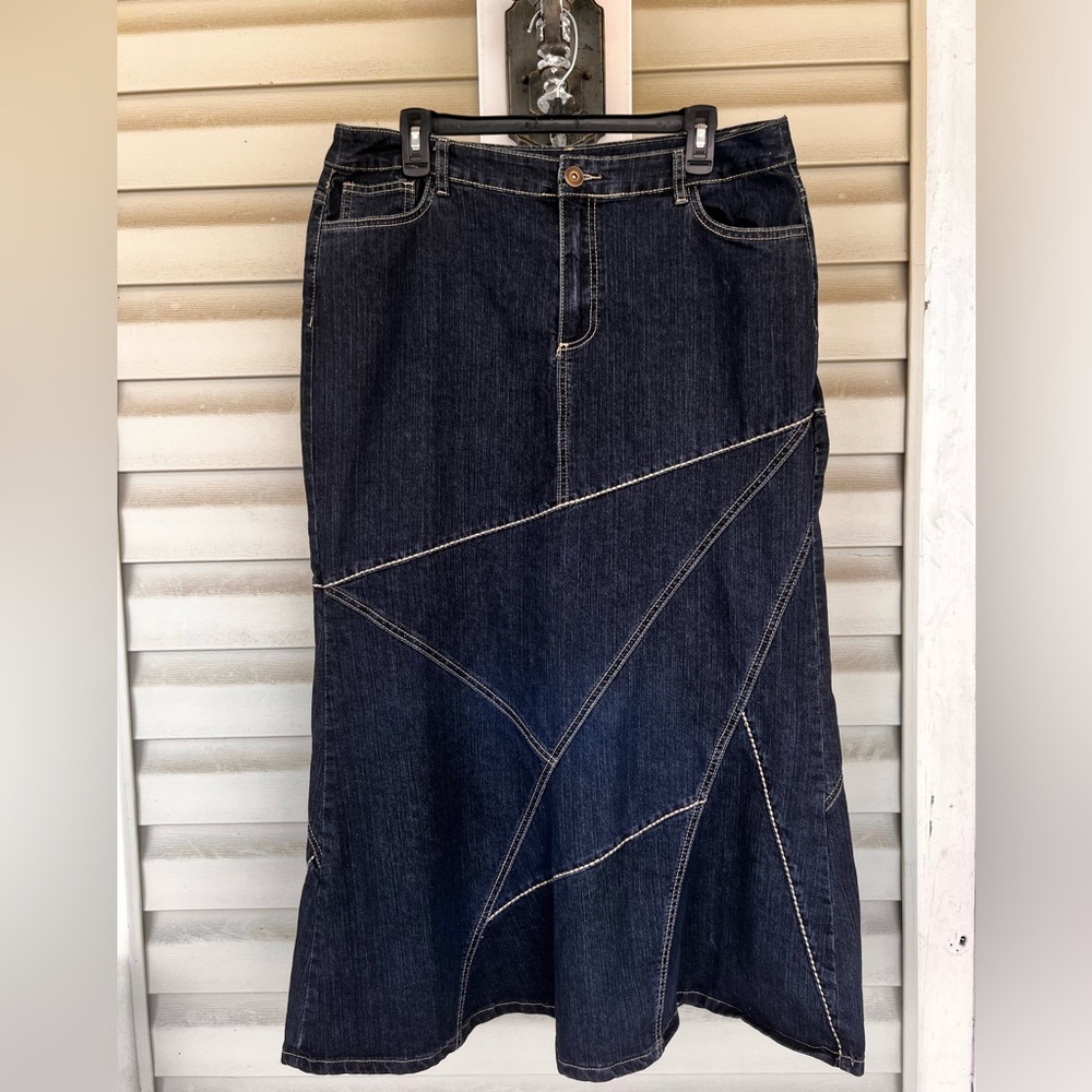 Ashley Stewart Womens Denim Skirt Sz 14W Patchwork Maxi Y2K Festival Boho